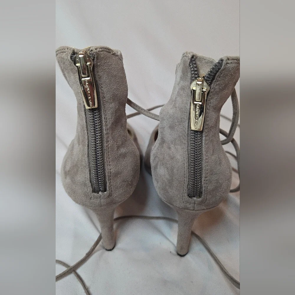 Vince Camuto Barsha Taupe Stone Lace-Up Suede Pointy Toe Heels Women's Size 8.5
